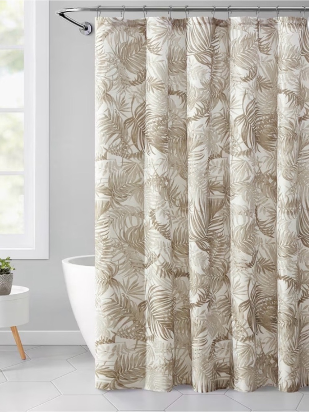 Mainstays Beige Leaf Fabric Reinforced buttonhole top Shower Curtain